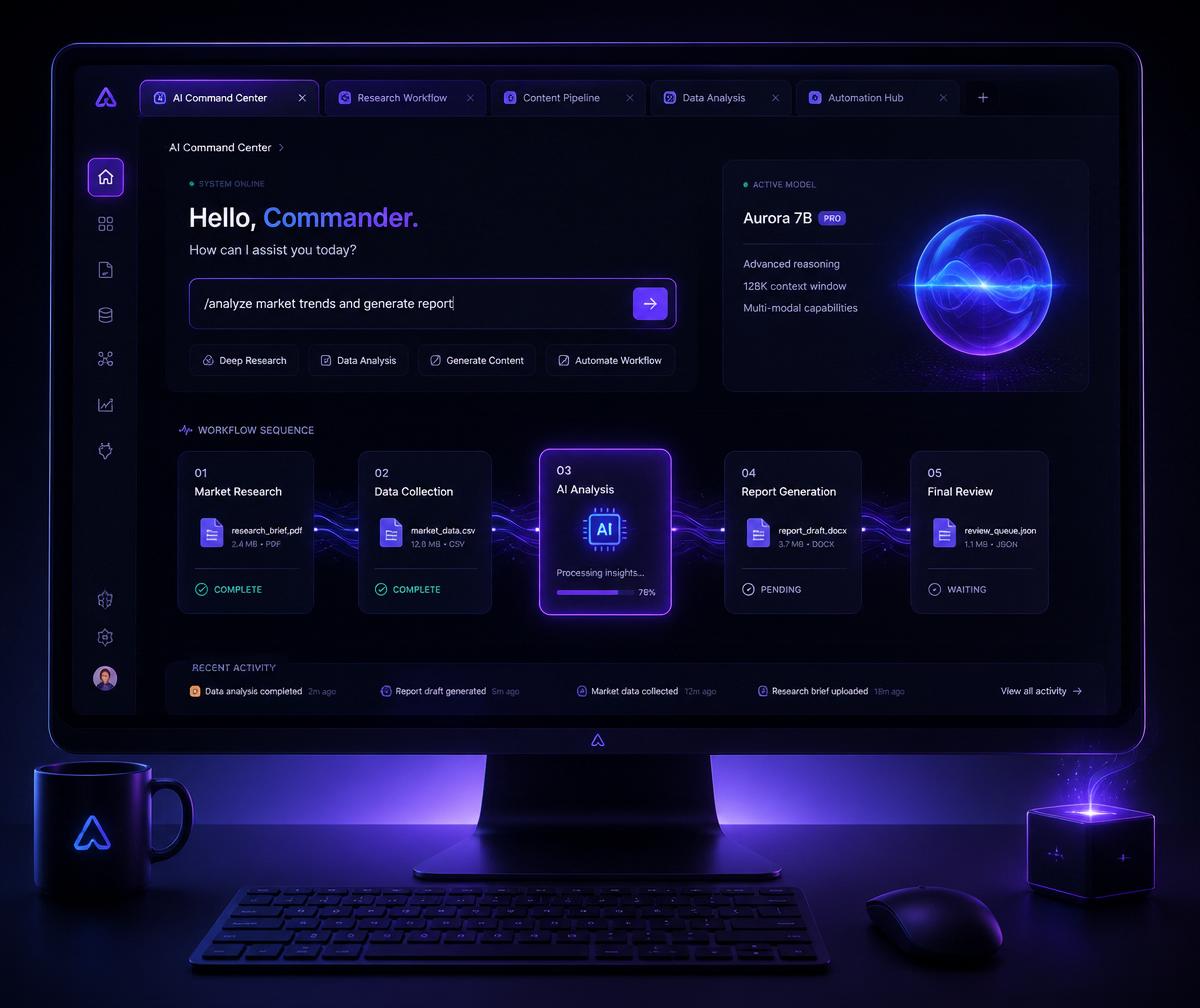 Illustration of a desktop AI command interface with a browser workflow and files moving through a task sequence